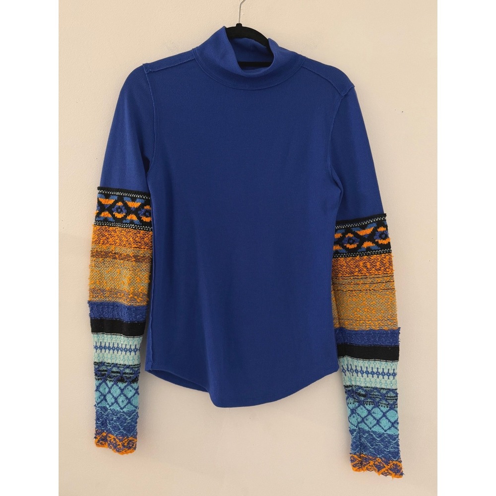 We The Free Free People All Too Well Blue Waffle Knit Mock Neck Fair Isle Top L